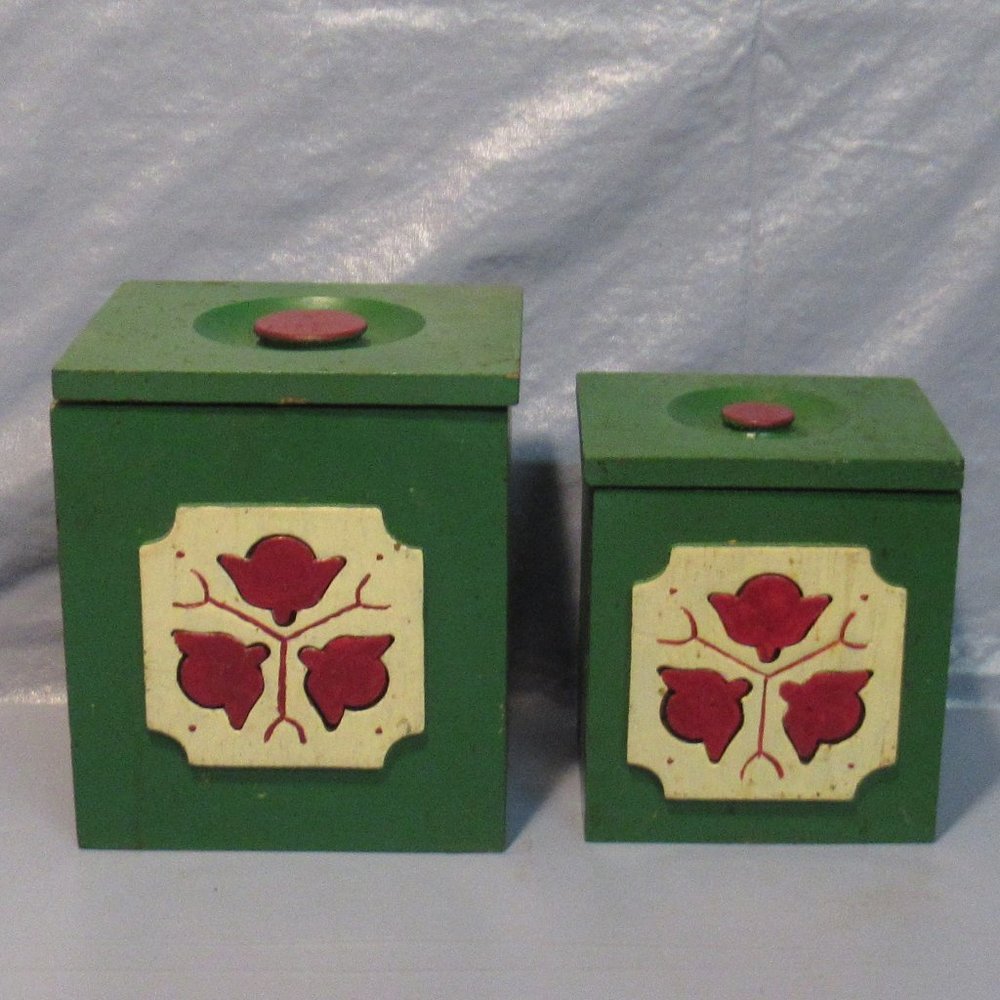 Vtg Sears Roebuck Green Wood Canisters w/Liners Tulips